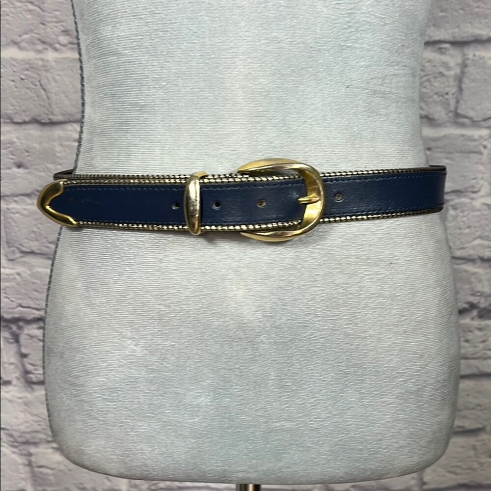 Vintage Pellateri Navy Blue Leather Belt with Gold Buckle